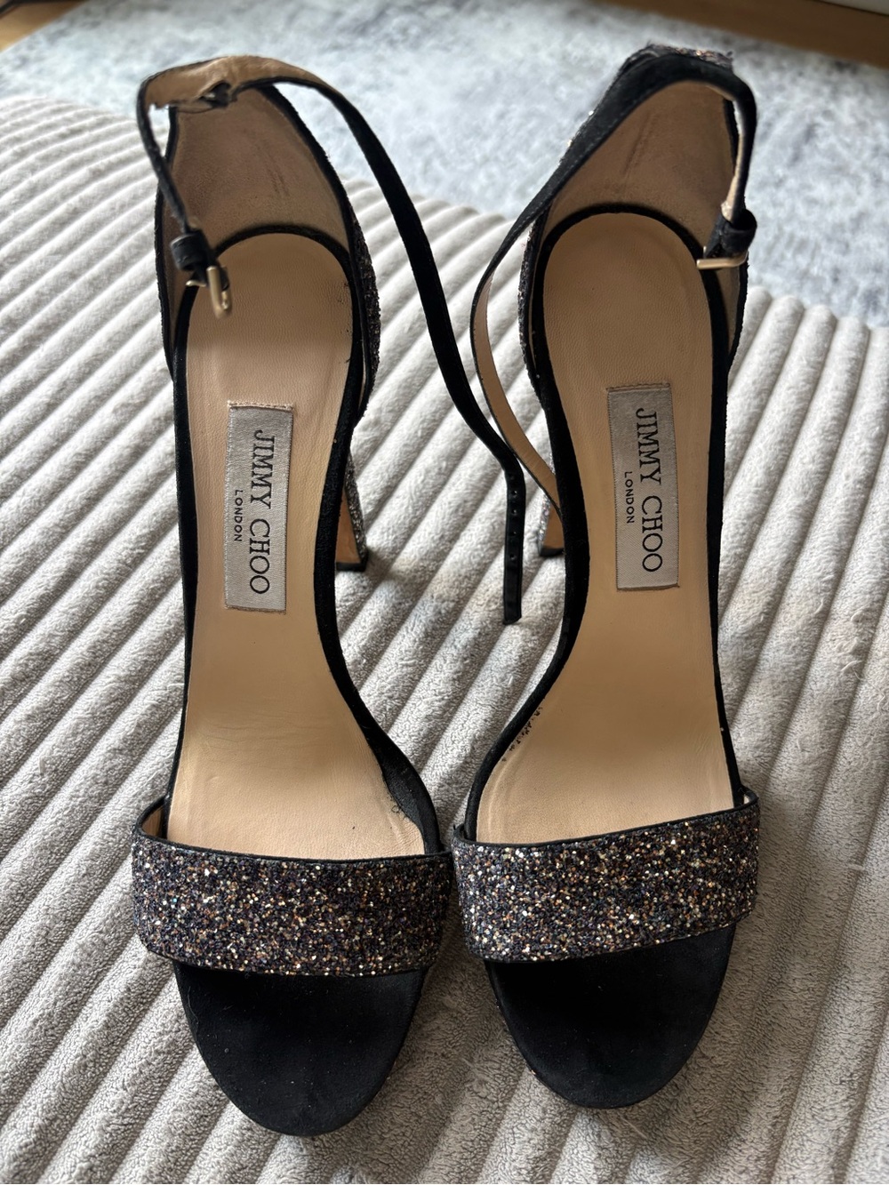 Jimmy Choo Black Glitter Strap Stiletto Sandals